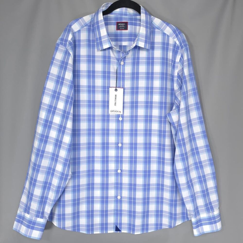 UNTUCKIT Mens New Button Shirt XXL Plaid Blue White Slim Fit GILLINGHAM-WF-BLUE